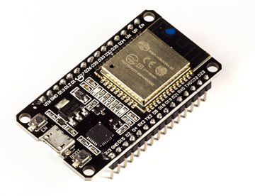 Ein ESP32 ESP-WROOM-32-Entwicklungsboard mit abgeschirmtem Funkmodul und gedruckter Antenne