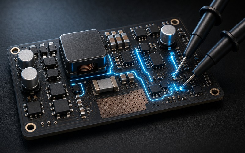 Power conversion validation scene with buck regulator, LDO and oscilloscope probes