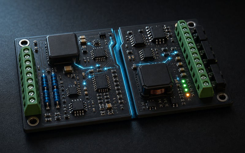 Isolated fieldbus interface board with digital isolators, DC-DC converter and protection parts