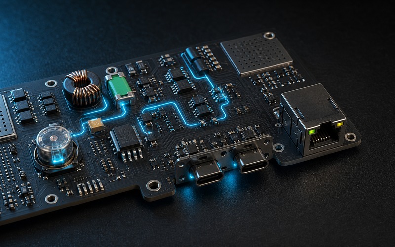 Premium surge and ESD protection PCB with outward-facing cable connector and protection path