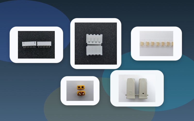 Steckverbinder Collage mit Board Headern, kompakten Wire to Board Teilen, XT60 Leistungsstecker und groesserem Feldgehaeuse