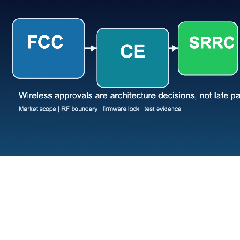 Illustration mit IoT-Knoten, Prüfwellenform, Antennenkammer und Zulassungszeichen für verschiedene Exportmärkte