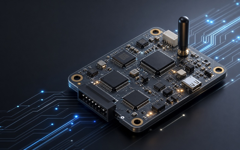 Premium 3D-Darstellung einer vernetzten Steuerplatine mit mehreren MCU-Gehäusen und nach außen gerichteten Steckverbindern