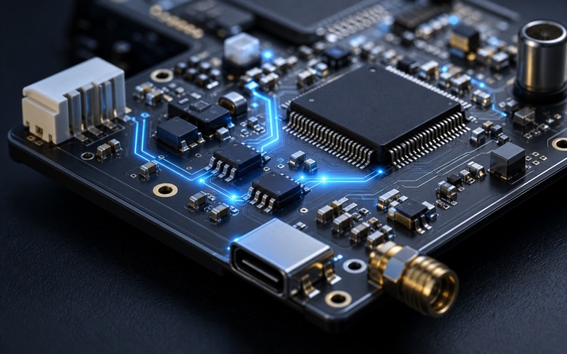 Premium 3D-Darstellung einer IoT-Steuerplatine mit MCU und I2C-EEPROMs auf leuchtenden Bus-Leiterbahnen