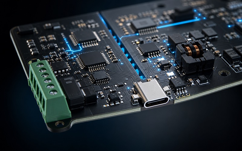 Hochwertiges 3D-Rendering einer USB-Type-C- und RS485-Leiterplattenkante mit ESD-Schutz, Gleichtaktfilter und sichtbarem Isolationsschlitz