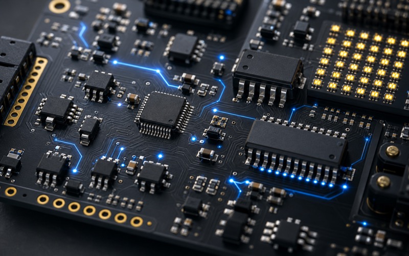 Hochwertiges 3D-Makro einer dunklen Leiterplatte mit kleinen Logik-ICs, Analogschalter, Treiberbausteinen und LED-Matrixbereich