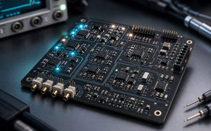 Hochwertiges 3D-Rendering einer präzisen Analog-Frontend-Leiterplatte mit Op-Amps, Komparatoren, Referenzen und Sensoranschlüssen