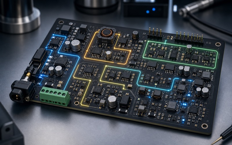 Hochwertiges 3D-Rendering eines Power-Tree-PCBs mit LDO-, Buck-, Boost- und Ladungspumpenbereichen