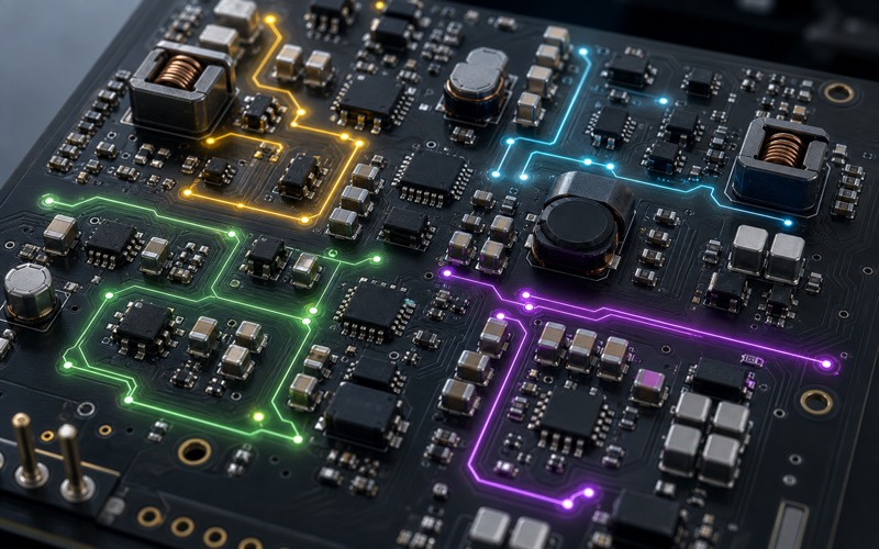 Hochwertiges 3D-Makro eines Power-Management-PCBs mit Buck-Wandlern, LDOs, Induktoren und Keramikkondensatoren