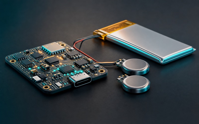 Premium 3D rendering of a battery IoT PCB with outward facing USB C charging port, pouch cell and rechargeable coin cells