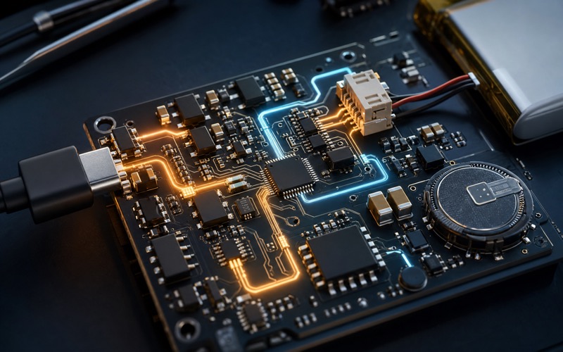 Premium 3D macro rendering of charger power path PCB with USB input, charger IC, system rail and battery connector