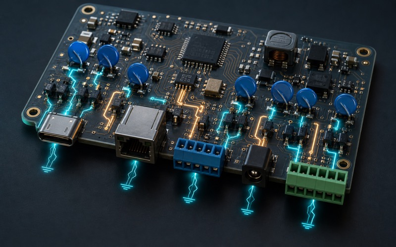Premium 3D render of protected PCB edge with outward facing connectors and protection parts behind them
