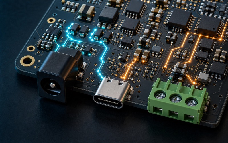 Premium 3D macro render of protected power input with TVS, ESD arrays, eFuse and current limited load switch