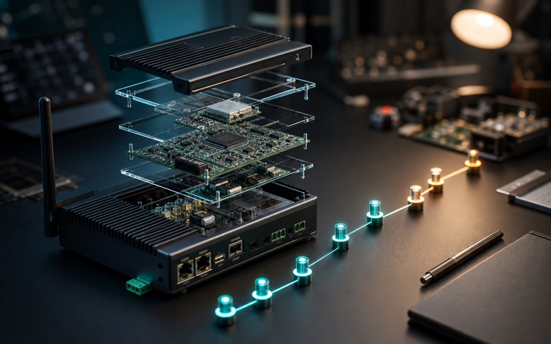 Illustration zur Lieferplanung mit IoT-Gateway-BOM, Lebenszyklusbaendern, Warnmarken und Revisionspunkten ueber mehrere Einsatzjahre