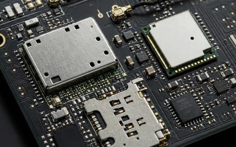 Mobilfunkmodul, Ethernet-Schnittstelle und Schutzbauteile auf einer Leiterplatte mit Bereichen für kabelgebundene und drahtlose Netzwerke
