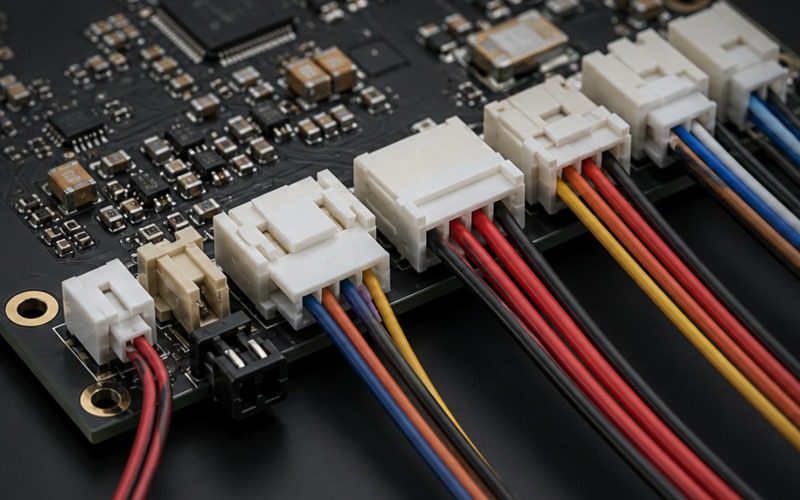 Wire-to-Board- und Board-to-Board-Steckverbinder auf einer Leiterplatte mit Kabelführung, Verriegelungsposition und Pinlayout
