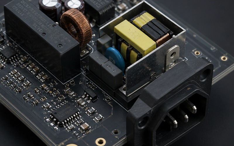 Leiterplattendetail mit Timing-, Leistungswandlungs- und elektromechanischen Bauteilen zur Prüfung von Platzierung und Schnittstellen