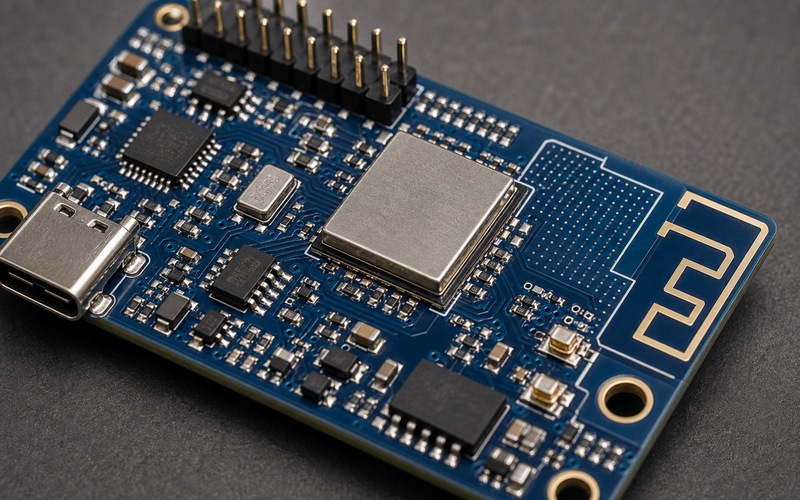 ESP32-S3 mit Vektorbefehlen für leichte Inferenz auf einer kompakten Leiterplatte mit Prozessorgehäuse, Speicher, Stromschienen und Schnittstellenführung