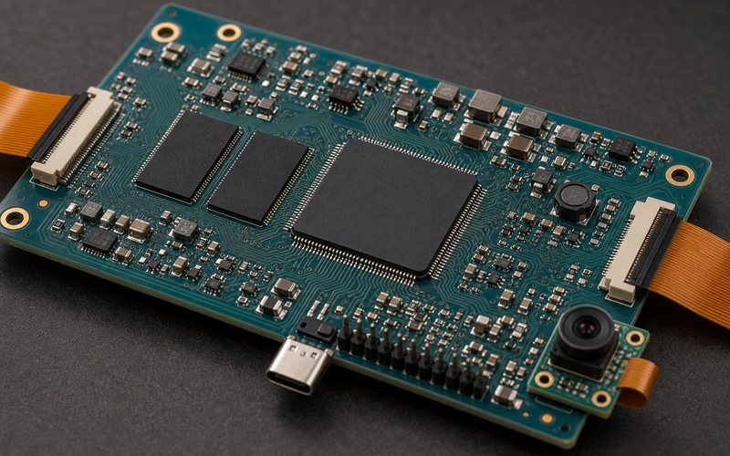 STM32N6 als High-End-MCU mit integrierter NPU auf einer kompakten Leiterplatte mit Prozessorgehäuse, Speicher, Stromschienen und Schnittstellenführung