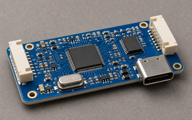 RP2040 TinyML-Testleiterplatte mit MCU-Gehäuse, externem Flash, Sensorkonnektor am Platinenrand, Taktquelle und lokalen Versorgungsschienen