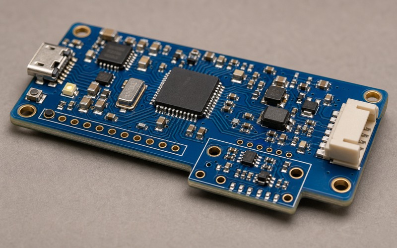 RP2040-Stützschaltung für TinyML-Tests mit Entkopplung, Quarz, Flash-Speicher, Sensorführung und Debug-Zugang
