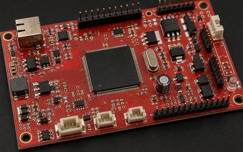 ATMEGA2560-16AU-Steuerleiterplatte mit TQFP-MCU, Quarz, Sensorkonnektoren am Rand, lokalem Regler und Ausgangstreibern