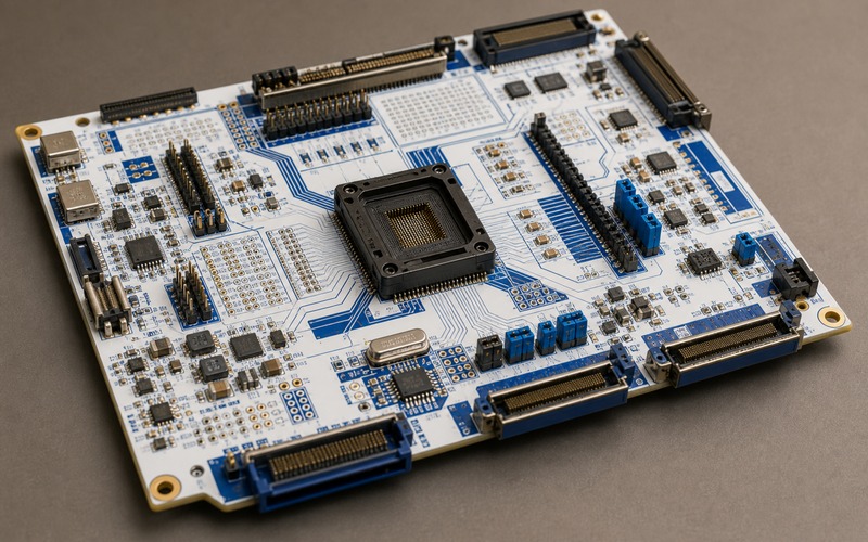 FPGA-Validierungsleiterplatte mit zentralem BGA-Logikbaustein, Konfigurations-Flash, Stromschienen, Takt, Debug-Header und Randsteckern