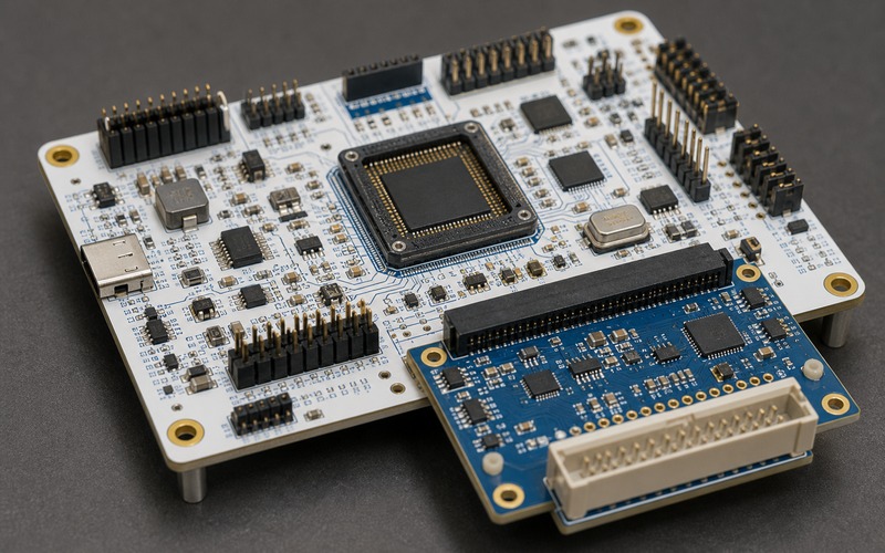FPGA-Stützschaltung mit Konfigurationsspeicher, DDR-artigem Speicher, Reglern, Takt und geführten Schnittstellen zum Platinenrand
