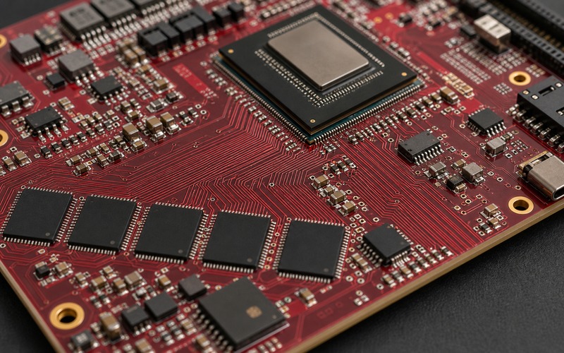 Edge-AI-Rechenplatine mit Prozessor, Speicherbausteinen, breitem parallelem Bus, Entkopplung und lokaler Stromversorgung zur Bandbreitenprüfung