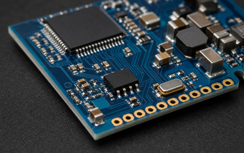Boot-Flash-Layoutdetail mit unmarkiertem 8-poligem seriellem NOR-Gehäuse, QSPI-Fächer, Quarz, Entkopplung und Programmierpads am Platinenrand