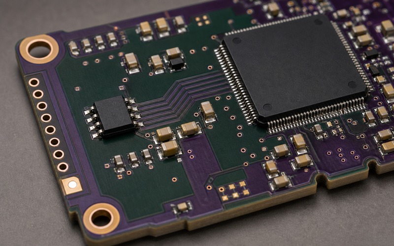 MT25QL128-artiger serieller NOR-Flash neben einem Edge-Prozessor mit kurzen QSPI-Leitungen, Entkopplung, Kupfervias und Testpads am Platinenrand