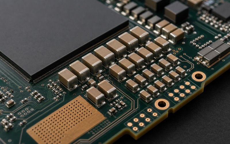 Lastnahe Entkopplung neben einem unmarkierten Beschleunigergehäuse mit Keramikkondensatoren, Kelvin-Sense-Leitungen und Testpads am Platinenrand