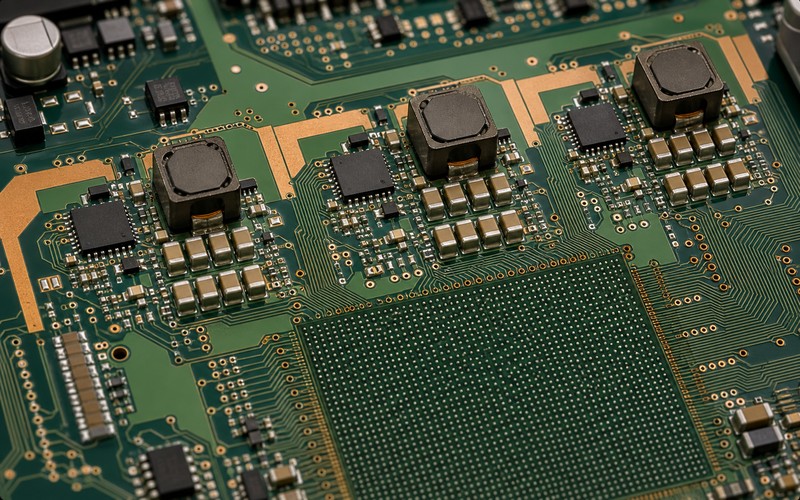 Dreiphasiges Point-of-Load-Buck-Layout mit unmarkierten Regler-ICs, geschirmten Induktivitäten, Kondensatorbänken, breiten Kupferflächen und BGA-Hochstrom-Core