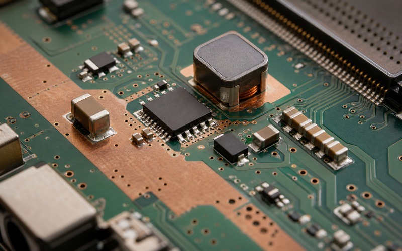 Nahansicht einer LM22676-ähnlichen Abwärtswandlerstufe mit unmarkiertem Regler-IC, geschirmter Induktivität, Schottky-Diode, Kondensatoren, Rückkopplungsteilen und Kupferwärmepfad