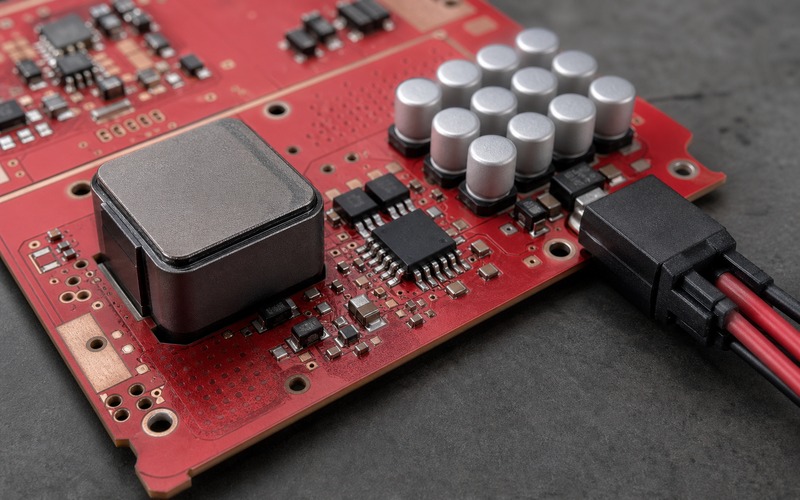 Geschirmte Induktivität in einem Point-of-Load-Wandler mit Regler-IC, Kondensatorbank, Kupferflächen, thermischen Vias und nach außen gerichtetem Leistungseingang