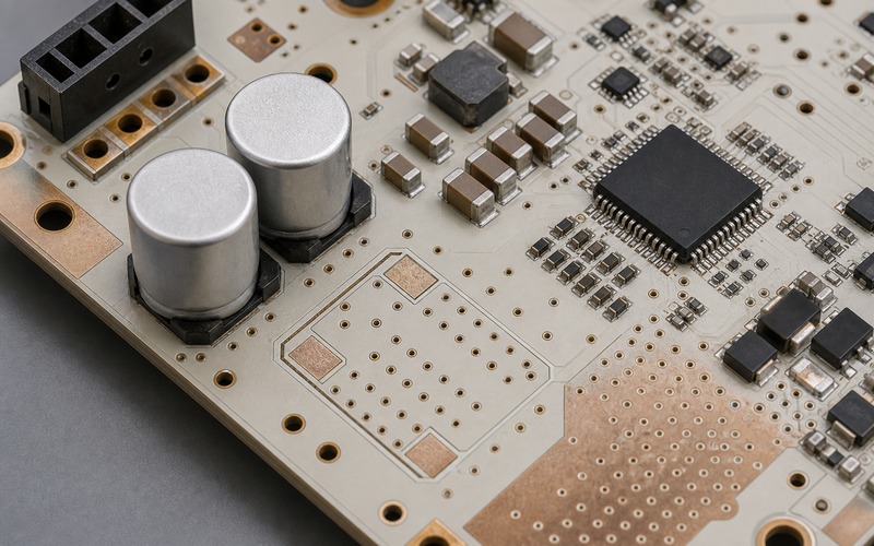 Detail einer Bulk-Kondensatorplatzierung mit zwei großen unmarkierten Kondensatoren, Keramik-Bypass, Alternativ-Footprint, Kupferebene, Via-Feld und nach außen gerichteter Einspeisung