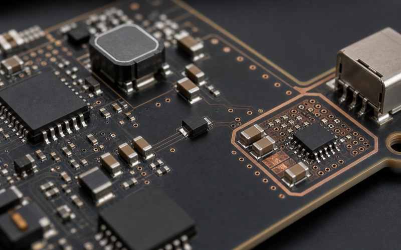 Ferritperle in Serie mit einer PCB-Versorgung zwischen Schaltreglerbereich, lokalen Kondensatoren, ruhiger Analoginsel, Via-Feld und nach außen gerichtetem Steckverbinder