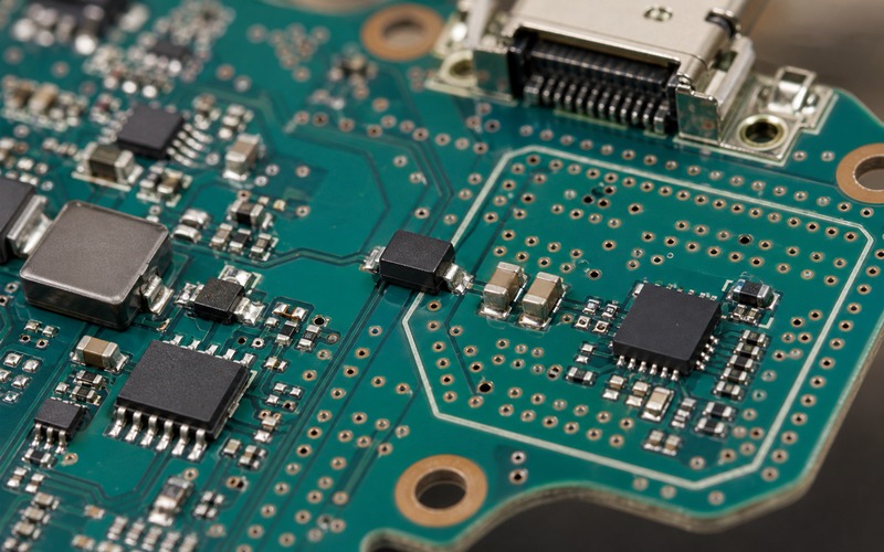 PCB-Detail einer kleinen Ferritperle auf einer Versorgungsspur mit nahen MLCC-Kondensatoren, Kupfer-Rückstrompfad, ruhiger Schaltungsinsel und Steckverbinder am Platinenrand