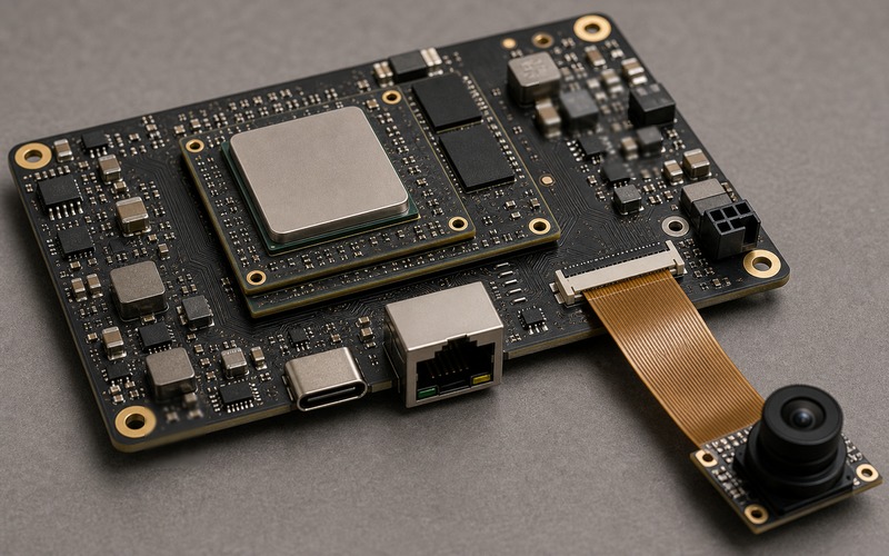 Nicht markierte Edge-KI-Trägerplatine im Aluminiumgehäuse mit Compute-Modul, Wärmespreizer, nach außen gerichteten Ethernet- und USB-Anschlüssen sowie Kamera-FPC