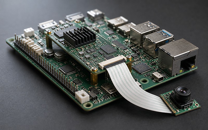Einplatinencomputer mit Zusatz-KI-Beschleuniger, Kamera-FPC und nach außen gerichteten Ethernet- und USB-Anschlüssen für Edge-Vision
