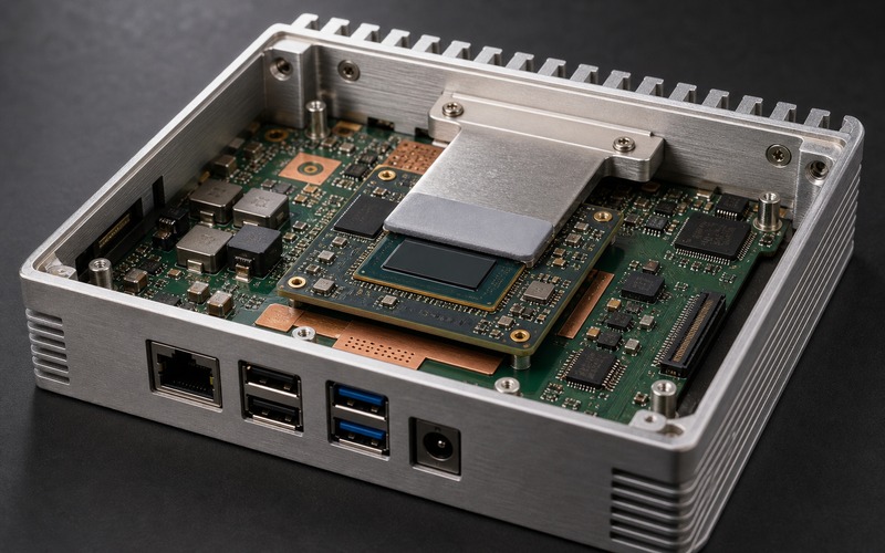 Fanlose Edge-KI-Platine in einem gerippten Aluminiumgehäuse mit Prozessor-Wärmebrücke, Stromversorgung und nach außen gerichteten Ethernet-, USB- und Stromanschlüssen