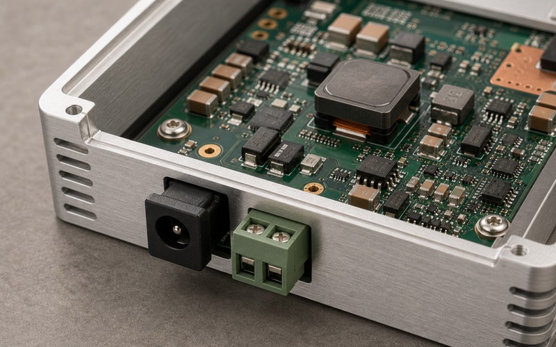 Edge-Box-Platine mit weitem Eingang, nach außen gerichtetem DC-Anschluss, steckbarer Klemme, Eingangsschutz, Sicherungsbereich, Buck-Induktor und Kondensatoren