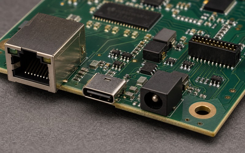 Produktionsleiterplatte mit nach außen gerichteten Ethernet-, USB- und DC-Stromanschlüssen, Schutzbauteilen, Montagebohrungen und kontrolliertem Routing