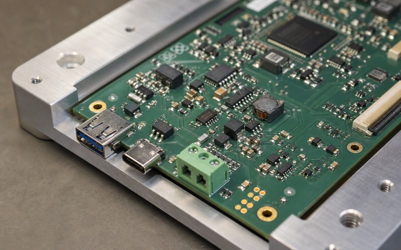 Leiterplattenkante mit nach außen gerichteten Kabelanschlüssen, ESD-Arrays, Eingangsteilen, Debug-Pads und Gehäuseabstand