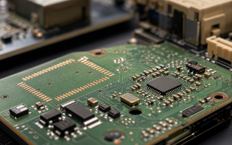 Serienleiterplatte mit Bare-IC neben einer unbestückten Modulfläche als Layoutwechsel vom Modulprototyp zum Direktdesign