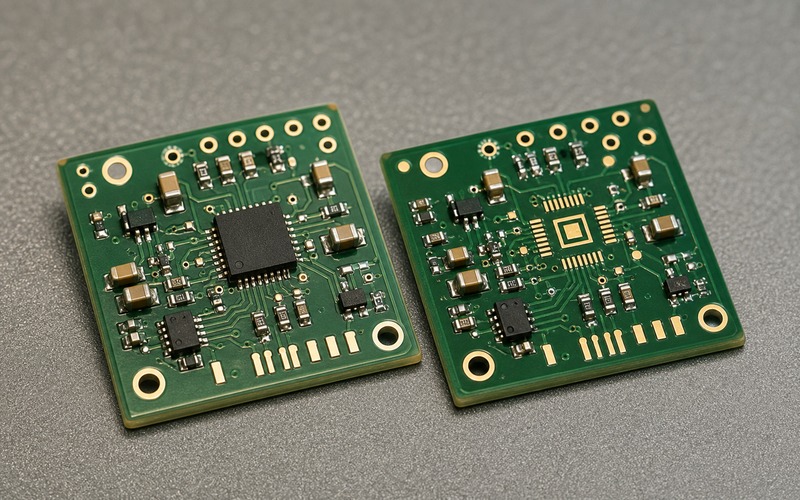 Zwei Validierungsleiterplatten mit bestücktem IC und Alternativfläche für die Freigabe einer zweiten Quelle