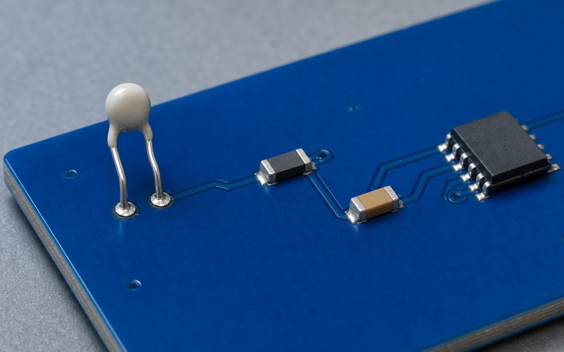 Heller NTC-Thermistor mit zwei Anschlüssen auf einer blauen Leiterplatte und kurzem Weg über einen unbeschrifteten Spannungsteiler zum ADC-Eingang