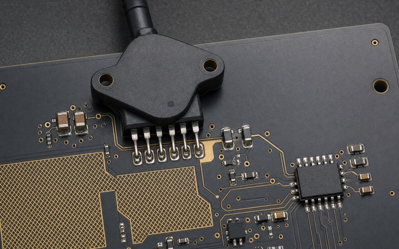 Nahaufnahme eines sechspoligen einportigen Epoxid-Drucksensors mit Analogfilter und ADC-Leiterführung auf einer graphitfarbenen Platine
