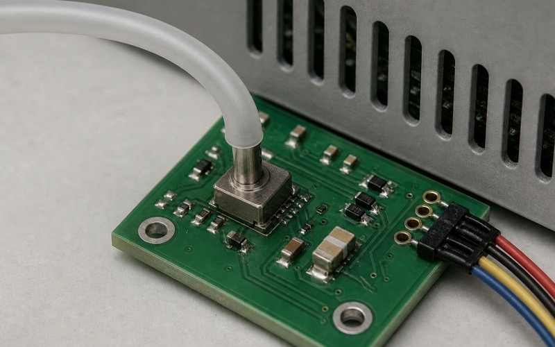Nahaufnahme eines MPRLS-Sensors mit langem Anschluss auf grüner Platine, einem Schlauch, lokaler Abblockung und offener Umgebungsreferenz