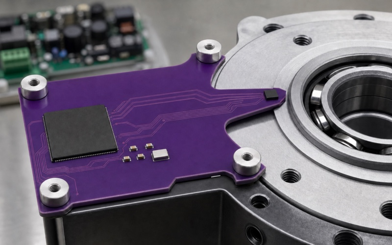 Violette Roboter-Gelenkplatine mit kleinem ICM-42688-P nahe dem Lagermittelpunkt